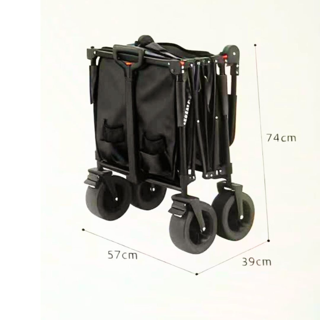 Die Maße des Kettler Bollerwagen EASY schwarz zusammengeklappt sind Höhe = 74cm, Breite = 57 cm und Tiefe 39 cm