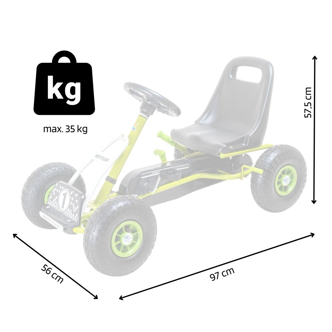 Das KETTLER Kettcars Retro grün, Maximalgewicht 35 kg und Übersicht der Maße