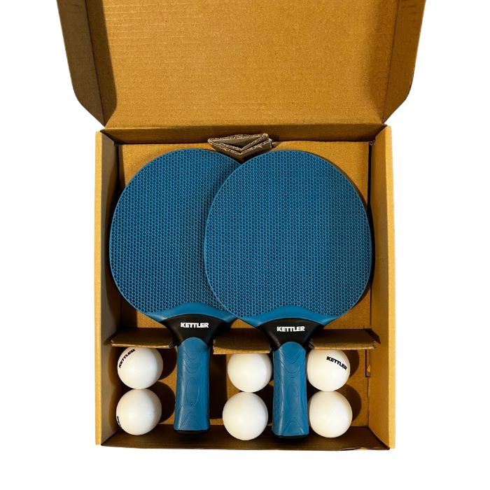 KETTLER Kit de raquettes de tennis de table « Outdoor » pour l'extérieur, comprenant deux raquettes et plusieurs balles dans l'emballage.