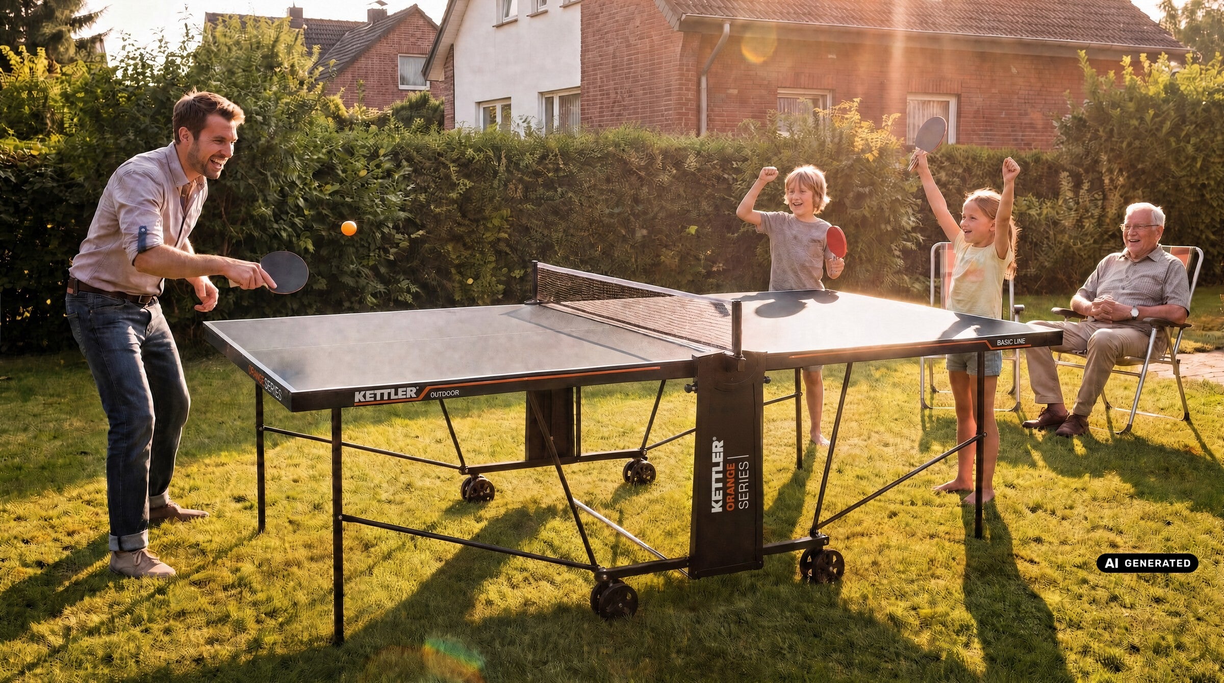 KI-generiertes Bild: Familie spielt Tischtennis an einer KETTLER Platte im Garten