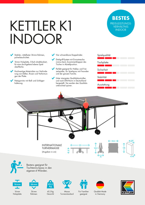 Datenblatt KETTLER Tischtennisplatte K1 Indoor