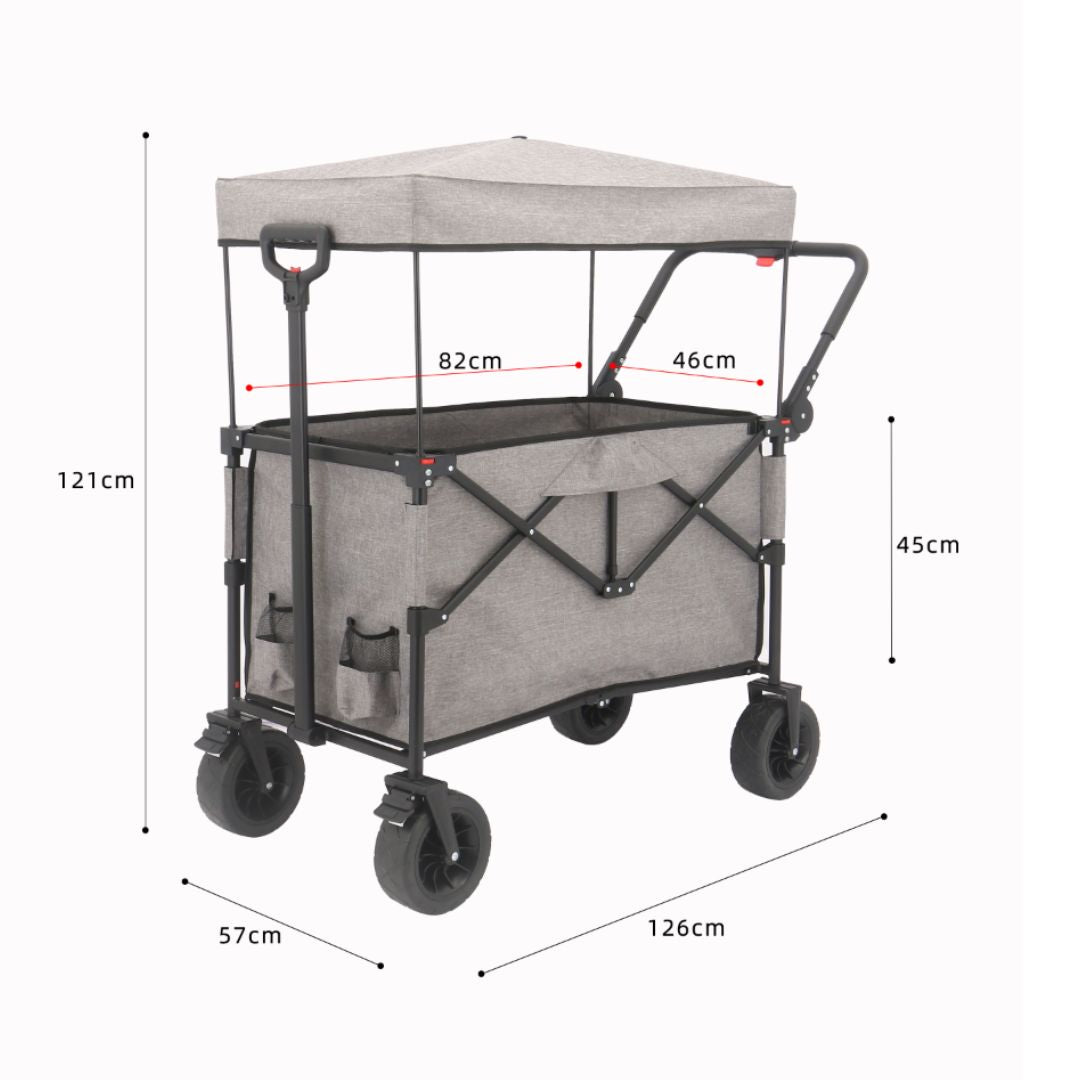 Die Maße des Kettler Bollerwagen EASY grau aufgeklappt sind Höhe = 121cm, Breite = 57 cm und Länge 126 cm