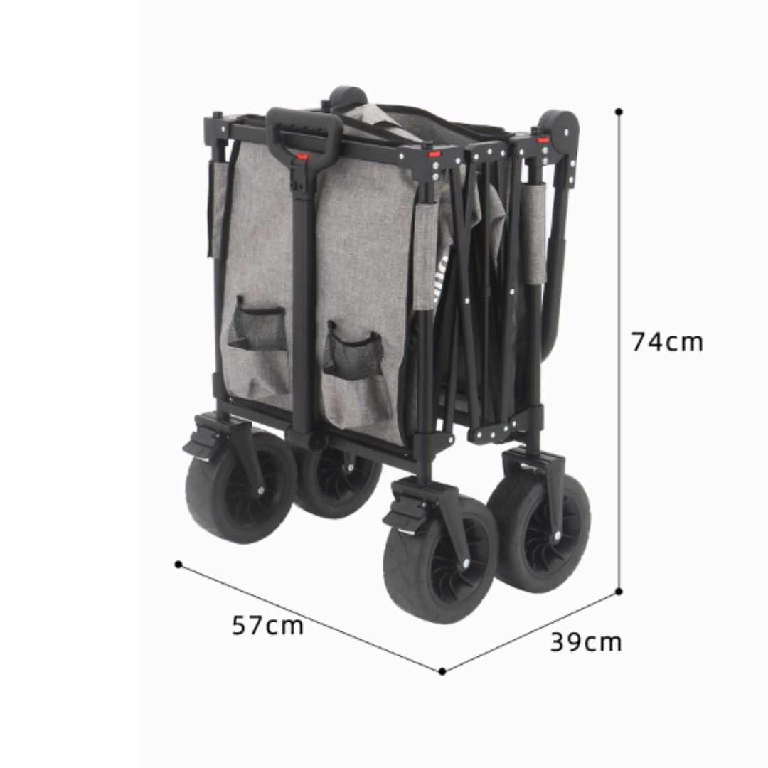Die Maße des Kettler Bollerwagen EASY grau zusammengeklappt sind Höhe = 74cm, Breite = 57 cm und Tiefe 39 cm
