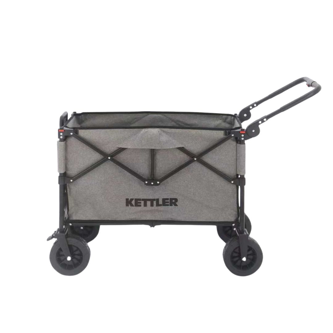 Seitenansicht des Kettler Bollerwagen EASY ohne Verdeck mit eingeklappter Zugstange in grau