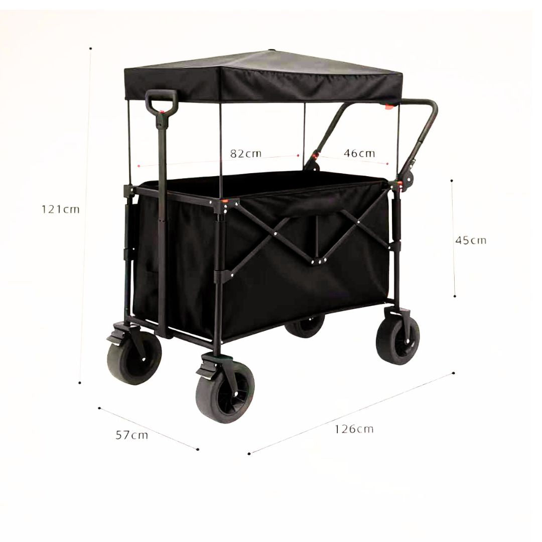 Die Maße des Kettler Bollerwagen EASY schwarz aufgeklappt sind Höhe = 121cm, Breite = 57 cm und Länge 126 cm