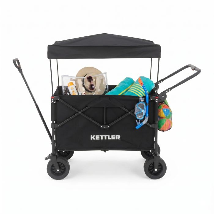 Seitenansicht des Kettler Bollerwagen EASY mit Sonnendach in Schwarz