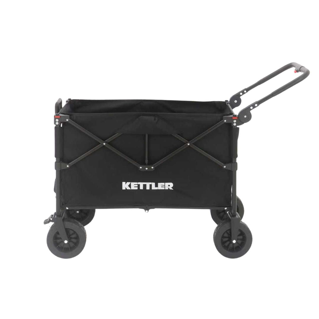 Seitenansicht des Kettler Bollerwagen EASY ohne Verdeck mit eingeklappter Zugstange in Schwarz