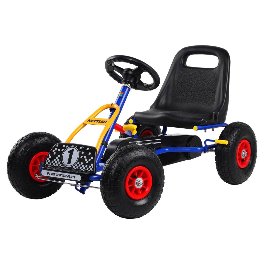 Seitenansicht des blauen KETTLER Kettcars Retro, zeigt den ergonomischen Sitz und die robuste Rahmenkonstruktion.