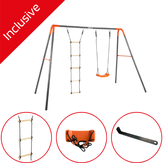 KETTLER Schaukel Set bestehend aus einer KETTLER Schaukel Combi Grau/Orange + Schaukelsitz, Bodenanker, Leiter und Nestschaukel