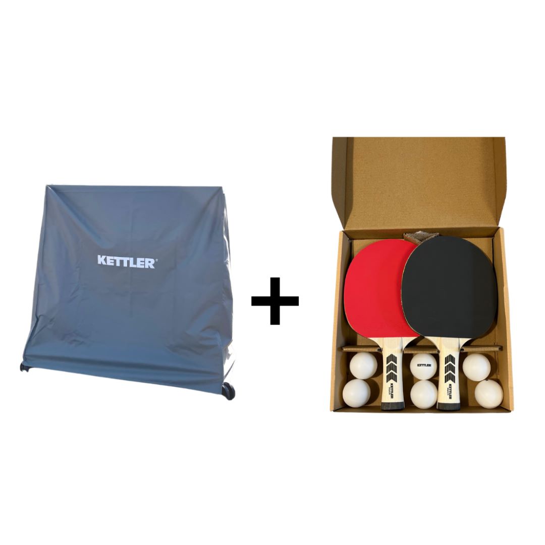 Das KETTLER Sparpaket cover + match enthält folgende Artikel: 1x Abdeckhaube in grau und 1 x Tischtennisschläger-Set Match