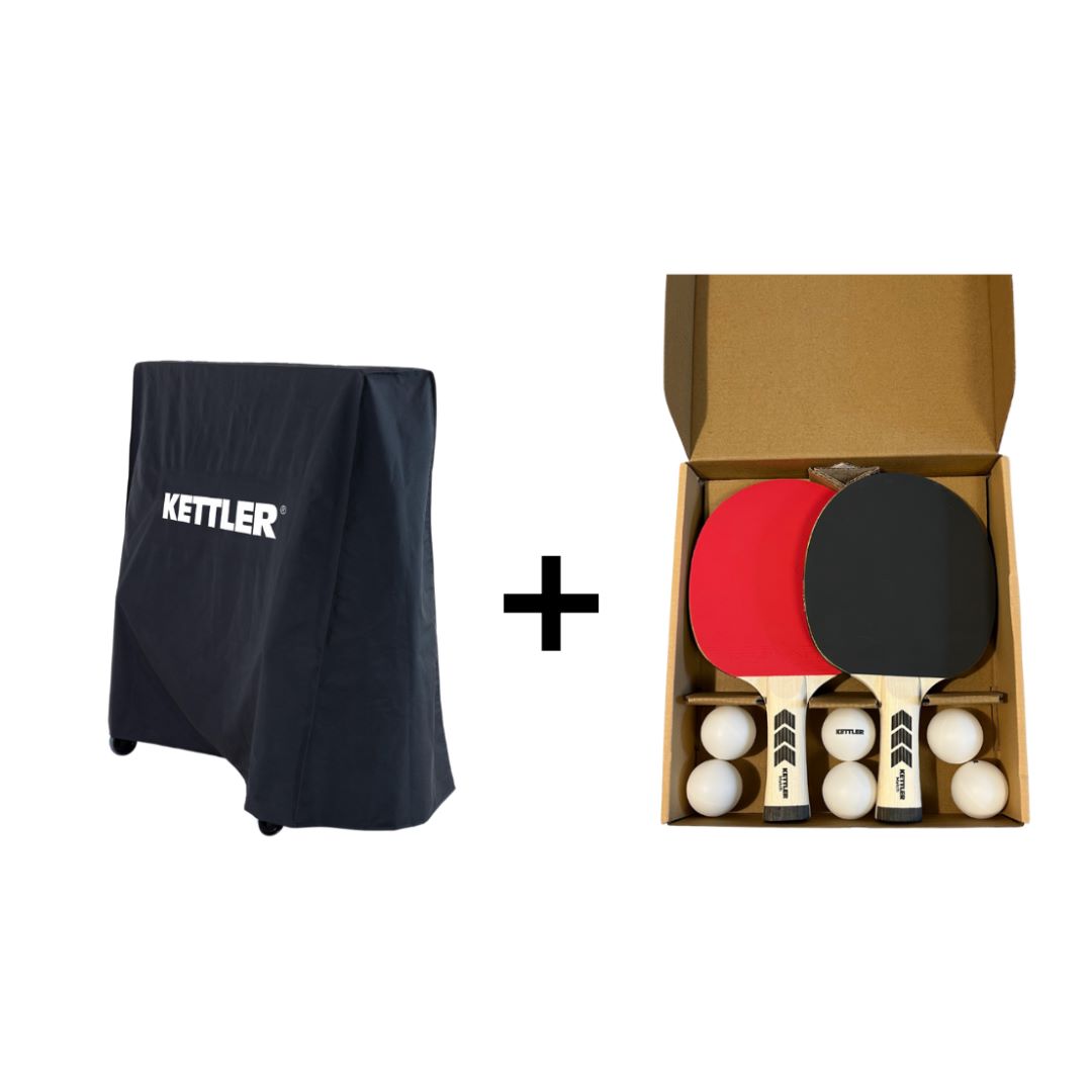 Das KETTLER Sparpaket cover + match enthält folgende Artikel: 1x Abdeckhaube in schwarz und 1 x Tischtennisschläger-Set Match