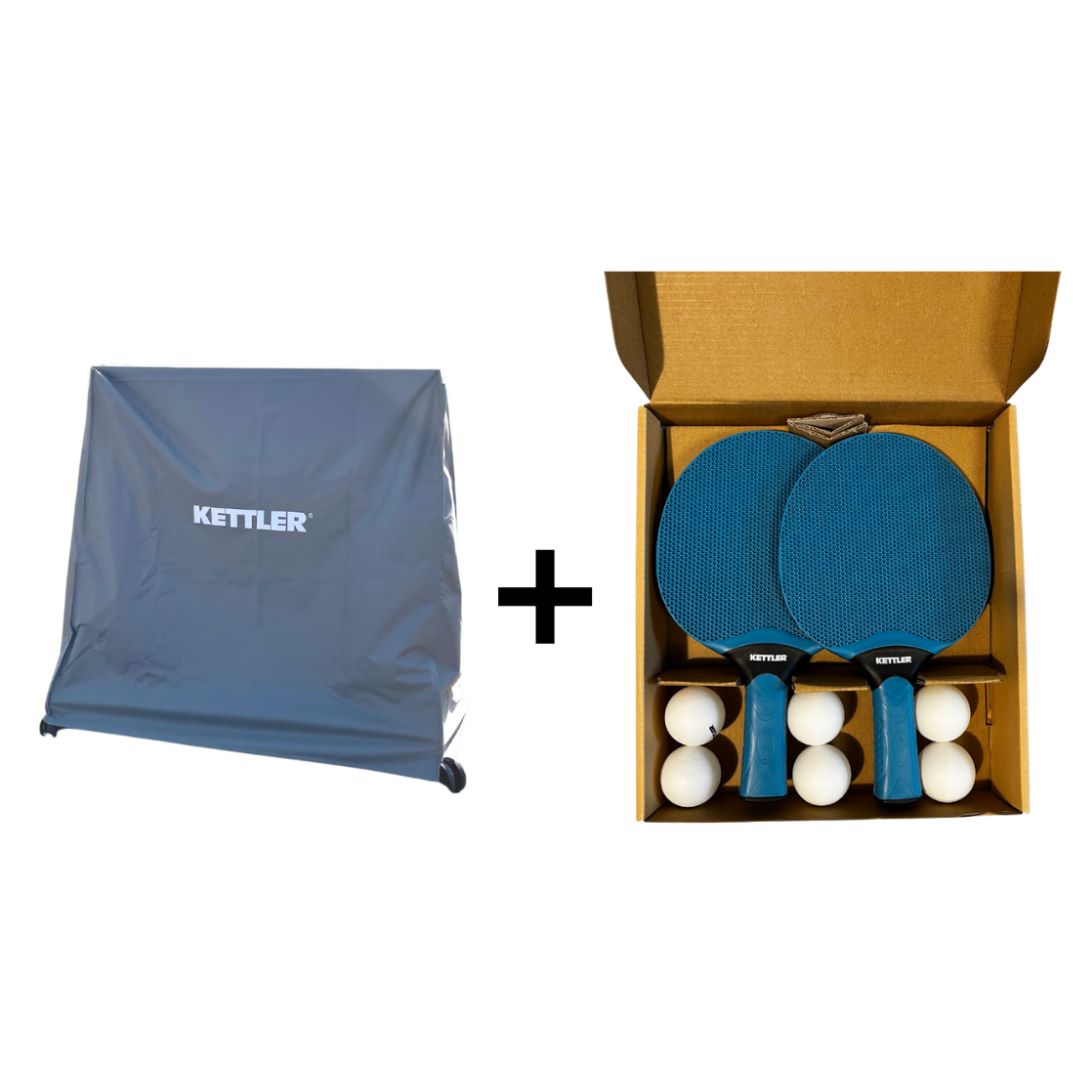 Das KETTLER Sparpaket cover + outdoor enthält folgende Artikel: 1x Abdeckhaube in grau und 1 x Tischtennisschläger-Set Outdoor