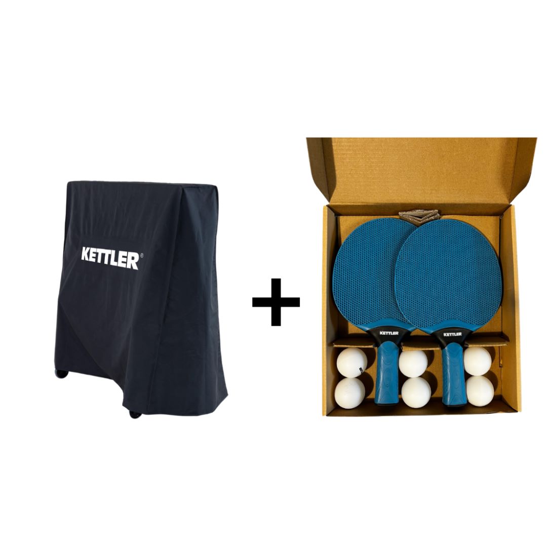 Le lot économique « cover + outdoor » d'KETTLER contient les articles suivants : 1 housse de protection noire et 1 ensemble de raquettes de tennis de table Outdoor