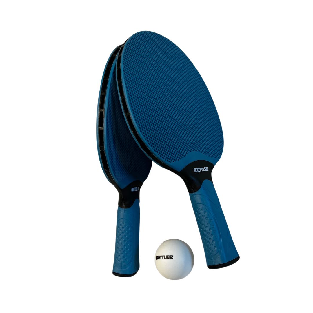 Set aus zwei wetterfesten Tischtennisschlägern und 6 Bällen von KETTLER, ideal für Outdoor-Spiele.