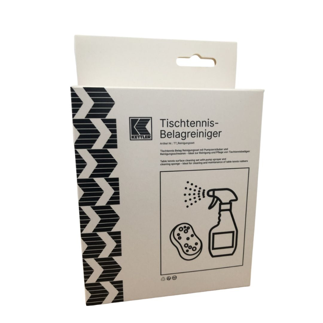 Embalaje del kit de limpieza para revestimientos de tenis de mesa KETTLER, ideal para limpiar y cuidar los revestimientos de tenis de mesa, con una imagen de un spray y una esponja.