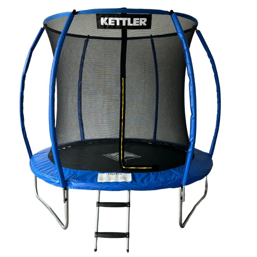 KETTLER Trampolin JUMP 244 blau - Vorderansicht des blauen Trampolins mit Leiter