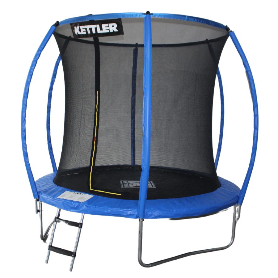 KETTLER Trampolin JUMP 244 blau - Seitenansicht des blauen Trampolins mit Leiter
