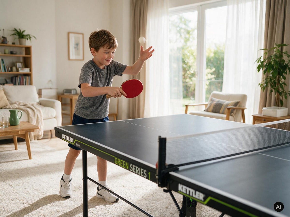 Junge spielt Tischtennis an der KETTLER K1 Indoor im Wohnzimmer