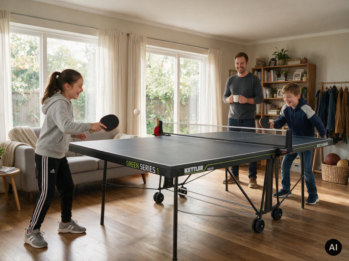 Mädchen und Vater spielen Tischtennis an der KETTLER K1 Indoor