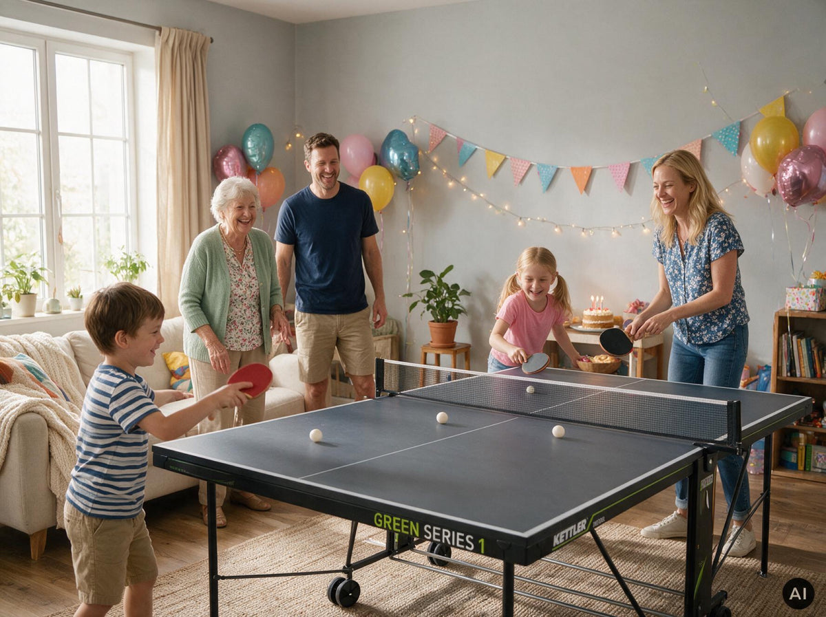 Familie spielt gemeinsam an der KETTLER K1 Indoor Tischtennisplatte