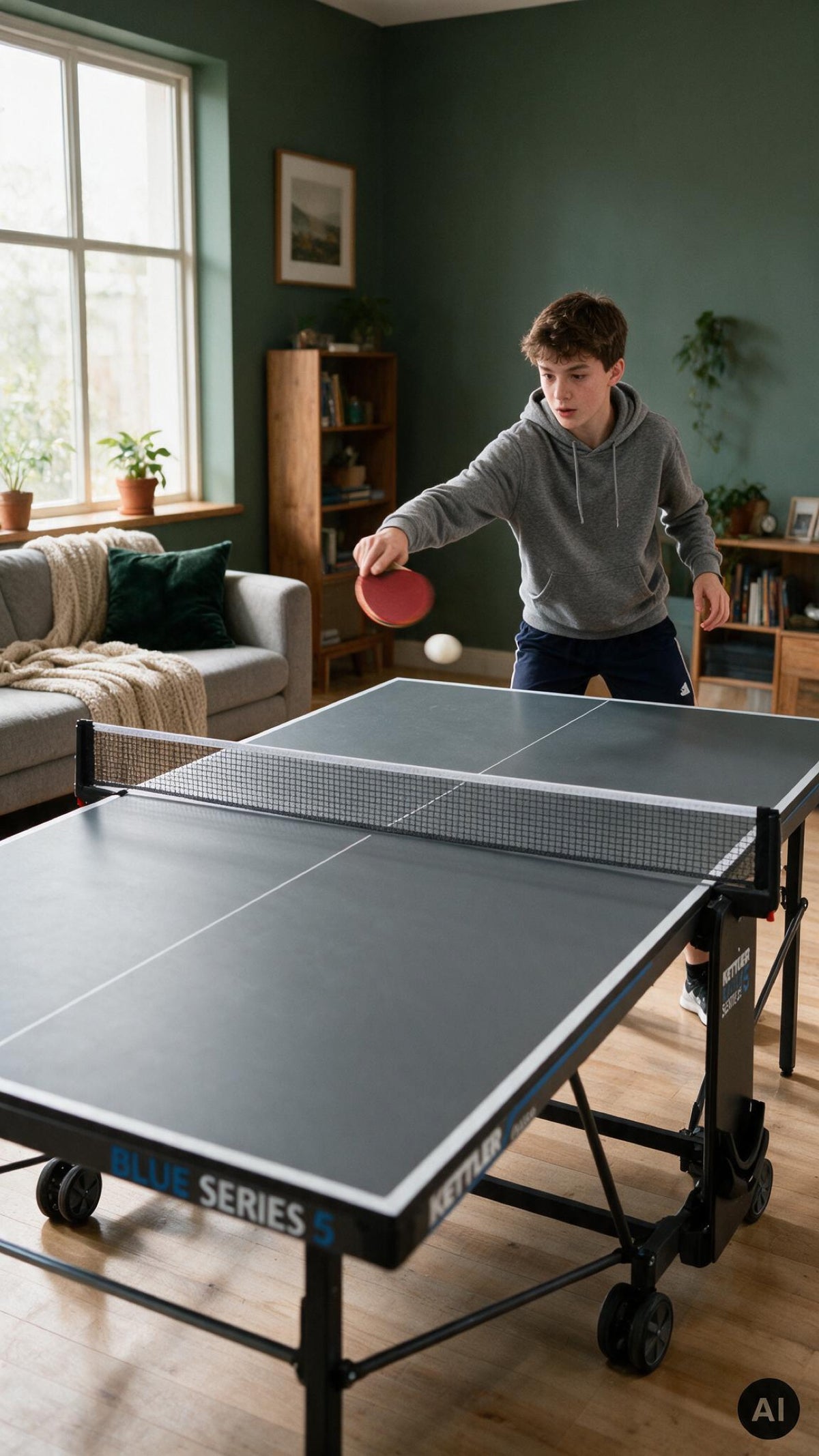 Junge spielt Tischtennis an der KETTLER K5 Indoor zu Hause