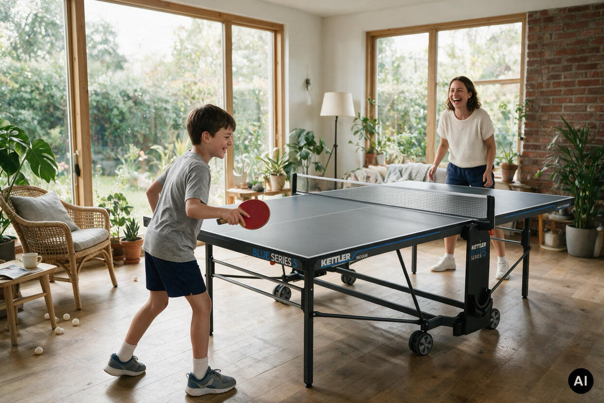 Familie spielt Tischtennis an der KETTLER K5 Indoor im Wintergarten